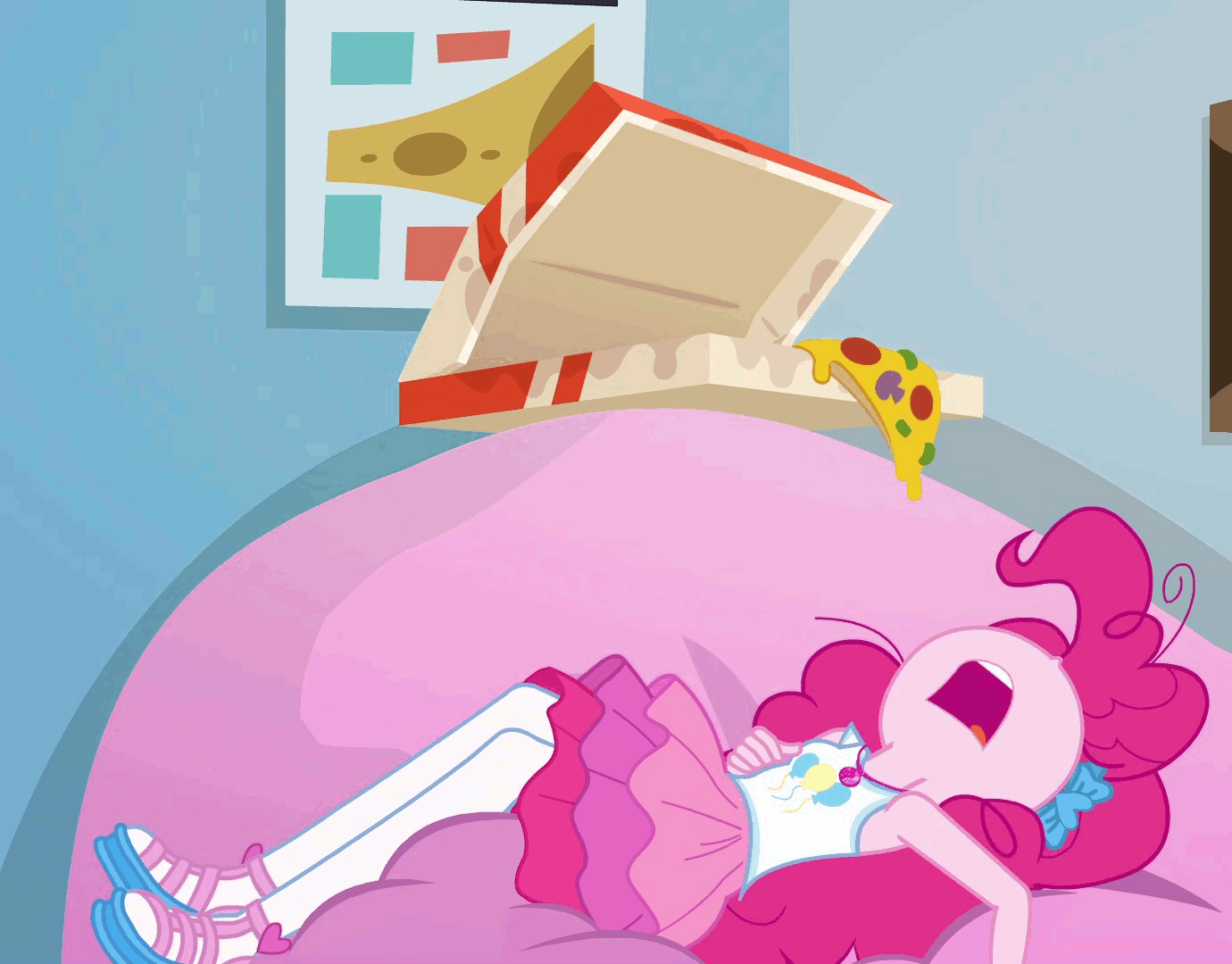 Size: 1380x1080 | Tagged: safe, screencap, character:pinkie pie, equestria girls:holidays unwrapped, g4, my little pony:equestria girls, animated, blizzard or bust, cropped, food, gif, meat, mushroom, pepper, pepperoni, pepperoni pizza, pizza, sci-twi's room, sleeping, snoring, solo, this will end in burns
