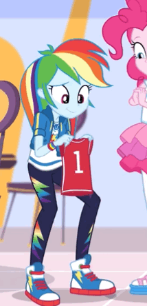 Size: 214x444 | Tagged: safe, screencap, character:pinkie pie, character:rainbow dash, character:sunset shimmer, equestria girls:holidays unwrapped, g4, my little pony:equestria girls, animated, clothing, cropped, cute, dashabetes, geode of empathy, geode of super speed, gif, happy, jersey, magical geodes, shoes, smiling, sneakers