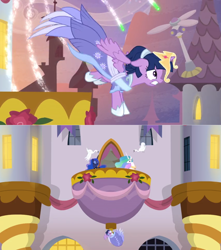 Size: 1360x1536 | Tagged: safe, screencap, character:princess celestia, character:princess luna, character:twilight sparkle, character:twilight sparkle (alicorn), species:alicorn, species:bird, species:pony, episode:the last problem, g4, my little pony: friendship is magic, balcony, banner, canterlot, clothing, crown, dress, electric fan, falling, fireworks, flower, jewelry, jumping, regalia, rose, sash, swan, window