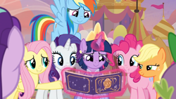 Size: 1366x768 | Tagged: safe, screencap, character:applejack, character:fluttershy, character:pinkie pie, character:rainbow dash, character:rarity, character:spike, character:starlight glimmer, character:twilight sparkle, character:twilight sparkle (alicorn), species:alicorn, species:pony, episode:the last problem, g4, my little pony: friendship is magic, album, awww, banner, book, clothing, crown, dress, flag, flying, glad, happy, heartwarming, jewelry, levitation, magic, mane seven, mane six, offscreen character, princess, regalia, telekinesis