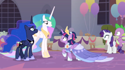 Size: 1366x768 | Tagged: safe, screencap, character:princess celestia, character:princess luna, character:rarity, character:spike, character:twilight sparkle, character:twilight sparkle (alicorn), species:alicorn, species:dragon, species:pony, episode:the last problem, g4, my little pony: friendship is magic, balloon, clothing, crown, dress, flying, former princess celestia, former princess luna, hoof shoes, jewelry, peytral, regalia, retirement, sash, winged spike