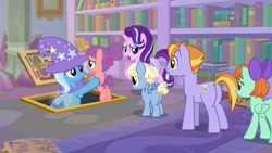 Size: 1920x1080 | Tagged: safe, screencap, character:auburn vision, character:peppermint goldylinks, character:starlight glimmer, character:trixie, species:pony, episode:the ending of the end, g4, my little pony: friendship is magic, clothing, friendship student, hat, strawberry swing, trixie's hat, water spout