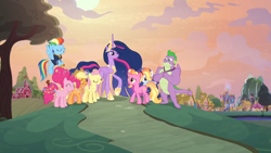 Size: 1366x768 | Tagged: safe, screencap, character:applejack, character:fluttershy, character:luster dawn, character:pinkie pie, character:rainbow dash, character:rarity, character:spike, character:twilight sparkle, character:twilight sparkle (alicorn), species:alicorn, species:dragon, species:earth pony, species:pegasus, species:pony, species:unicorn, episode:the last problem, g4, my little pony: friendship is magic, barn, crown, gigachad spike, hoof shoes, house, jewelry, mane seven, mane six, medallion, older, older applejack, older fluttershy, older mane seven, older mane six, older pinkie pie, older rainbow dash, older rarity, older spike, older twilight, peytral, ponyville, princess twilight 2.0, regalia, twilight's castle, winged spike