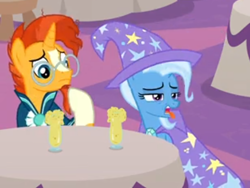 Size: 494x372 | Tagged: safe, screencap, character:sunburst, character:trixie, species:pony, species:unicorn, episode:the last problem, g4, my little pony: friendship is magic, cape, clothing, cropped, disgusted, female, hat, male, mare, stallion, stool, table, tongue out, trixie's cape, trixie's hat, yuck