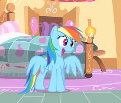 Size: 790x675 | Tagged: safe, screencap, character:rainbow dash, species:pegasus, species:pony, episode:party of one, g4, my little pony: friendship is magic, bed, cute, dashabetes, female, mare, open mouth, solo, spread wings, wings