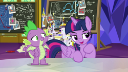 Size: 1920x1080 | Tagged: safe, screencap, character:spike, character:twilight sparkle, character:twilight sparkle (alicorn), species:alicorn, species:dragon, species:pony, episode:sparkle's seven, g4, my little pony: friendship is magic, board, chalkboard, confident, cutie map, cutie mark, equalized, female, folded wings, lidded eyes, male, mare, math, open mouth, photo, raised hoof, spread wings, table, winged spike, wings