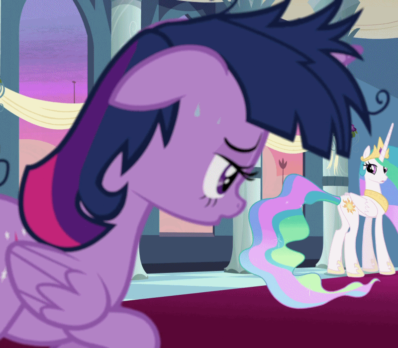 Size: 800x700 | Tagged: safe, screencap, character:princess celestia, character:twilight sparkle, character:twilight sparkle (alicorn), species:alicorn, species:pony, episode:the last problem, g4, my little pony: friendship is magic, animated, context is for the weak, cropped, female, gif, invisible stallion, mare, messy mane, panting, sweat
