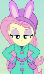 Size: 572x948 | Tagged: safe, screencap, character:fluttershy, equestria girls:holidays unwrapped, g4, my little pony:equestria girls, bunny ears, clothing, cropped, female, fluttershy is not amused, jacket, lidded eyes, mittens, solo, unamused, winter hat, winter outfit