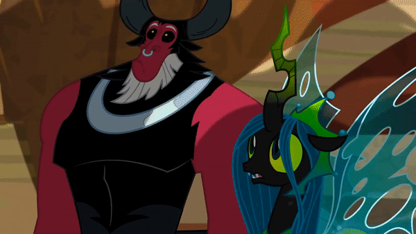 Size: 600x338 | Tagged: safe, screencap, character:lord tirek, character:queen chrysalis, species:changeling, episode:the ending of the end, g4, my little pony: friendship is magic, animated, changeling queen, female, implied cozy glow, male, offscreen character, race swap, shadow