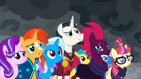 Size: 600x338 | Tagged: safe, screencap, character:chancellor neighsay, character:fizzlepop berrytwist, character:lemon hearts, character:moondancer, character:pokey pierce, character:starlight glimmer, character:sunburst, character:tempest shadow, character:trixie, species:pony, species:unicorn, episode:the ending of the end, g4, my little pony: friendship is magic, animated, broken horn, cute, eye scar, glasses, horn, neighsaybetes, scar, shipping fuel, smiling, when he smiles