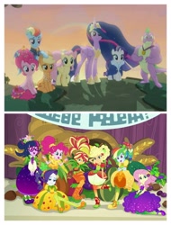 Size: 3106x4096 | Tagged: safe, screencap, character:applejack, character:fluttershy, character:pinkie pie, character:rainbow dash, character:rarity, character:spike, character:sunset shimmer, character:twilight sparkle, character:twilight sparkle (alicorn), character:twilight sparkle (scitwi), species:alicorn, species:dragon, species:earth pony, species:eqg human, species:pegasus, species:pony, species:unicorn, episode:the last problem, equestria girls:holidays unwrapped, g4, my little pony: friendship is magic, my little pony:equestria girls, gigachad spike, humane five, humane seven, humane six, mane seven, mane six, older, older applejack, older fluttershy, older mane six, older pinkie pie, older rainbow dash, older rarity, older spike, older twilight, princess twilight 2.0, the end of equestria girls, the end of g4, winged spike