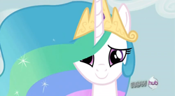 Size: 852x466 | Tagged: safe, screencap, character:princess celestia, species:alicorn, species:pony, episode:keep calm and flutter on, g4, my little pony: friendship is magic, cute, cutelestia, female, hub logo, jewelry, looking at you, mare, regalia, smiling, solo