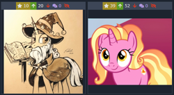 Size: 500x273 | Tagged: safe, screencap, character:luster dawn, character:star swirl the bearded, derpibooru, episode:the last problem, g4, my little pony: friendship is magic, juxtaposition, juxtaposition win, meme, meta