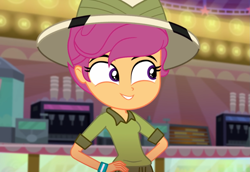 Size: 1573x1080 | Tagged: safe, screencap, character:scootaloo, species:pegasus, species:pony, episode:the canterlot movie club, eqg summertime shorts, g4, my little pony:equestria girls, cinema, clothing, cropped, cute, cutealoo, daring do costume, female, hand on hip, hat, pith helmet, smiling, solo