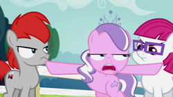 Size: 1366x768 | Tagged: safe, screencap, character:diamond tiara, character:train tracks, species:earth pony, species:pony, episode:crusaders of the lost mark, g4, my little pony: friendship is magic, angry, colt, female, filly, glasses, jewelry, little red, male, tiara