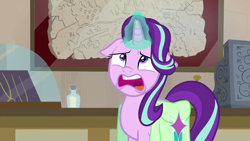 Size: 1280x720 | Tagged: safe, screencap, character:starlight glimmer, species:pony, species:unicorn, episode:student counsel, cash register, female, floppy ears, glowing horn, horn, magic, map, mare, open mouth, saddle bag, solo