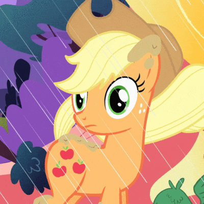 Size: 400x400 | Tagged: safe, screencap, character:applejack, species:earth pony, species:pony, episode:look before you sleep, g4, my little pony: friendship is magic, animated, blinking, clothing, cowboy hat, cropped, dirty, female, gif, golden oaks library, hat, mare, mud, muddy, rain, solo, stare, surprised, turning, wide eyes, wind, windswept mane