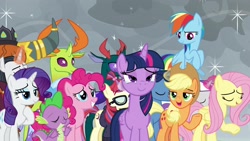 Size: 1920x1080 | Tagged: safe, screencap, character:applejack, character:chancellor neighsay, character:fluttershy, character:moondancer, character:pharynx, character:pinkie pie, character:pokey pierce, character:prince pharynx, character:prince rutherford, character:rainbow dash, character:rarity, character:spike, character:thorax, character:twilight sparkle, character:twilight sparkle (alicorn), character:twilight velvet, species:alicorn, species:changeling, species:dragon, species:pony, species:reformed changeling, episode:the ending of the end, g4, my little pony: friendship is magic, changedling brothers, crying, tears of joy, teary eyes, winged spike