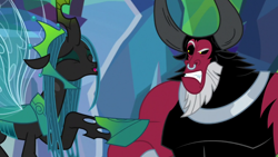 Size: 1280x720 | Tagged: safe, screencap, character:lord tirek, character:queen chrysalis, species:centaur, species:changeling, episode:the ending of the end, g4, my little pony: friendship is magic, angry, bickering, changeling queen, female, former queen chrysalis, mocking, taunting, ultimate chrysalis, ultimate tirek