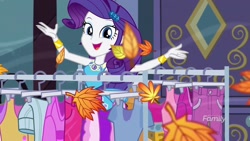 Size: 1920x1080 | Tagged: safe, screencap, character:rarity, episode:street chic, g4, my little pony:equestria girls, clothes rack, leaf, leaves, looking at you, magical geodes, open mouth, smiling, smiling at you, solo, wind blowing, window