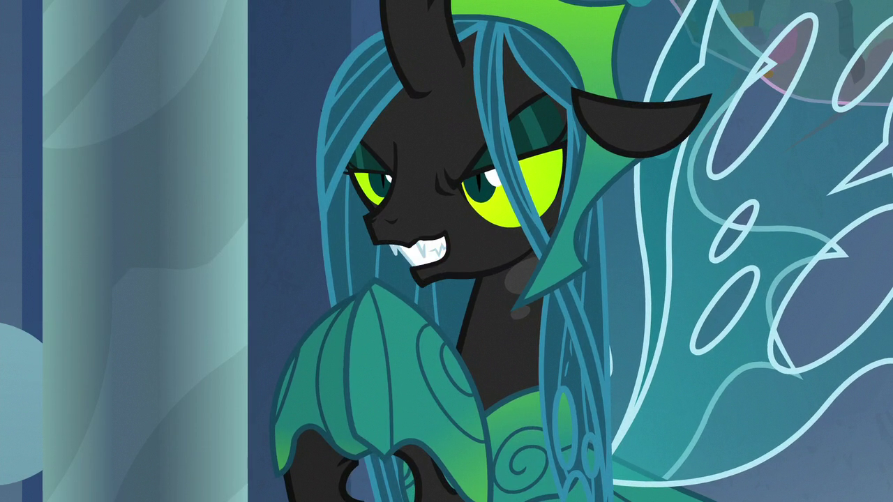 2175706 - safe, screencap, character:queen chrysalis, species:changeling,  episode:the ending of the end, g4, my little pony: friendship is magic,  armor, crown, evil, evil grin, eyeshadow, female, former queen chrysalis,  grin, hoof shoes,