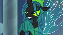 Size: 1280x720 | Tagged: safe, screencap, character:queen chrysalis, species:changeling, episode:the ending of the end, g4, my little pony: friendship is magic, armor, crown, evil, evil grin, eyeshadow, female, former queen chrysalis, grin, hoof shoes, hooves together, jewelry, makeup, narrowed eyes, regalia, slit eyes, smiling, solo, spread wings, ultimate chrysalis, wings