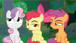 Size: 1667x940 | Tagged: safe, screencap, character:apple bloom, character:scootaloo, character:sweetie belle, species:earth pony, species:pegasus, species:pony, species:unicorn, episode:the big mac question, g4, my little pony: friendship is magic, bow, cropped, cutie mark crusaders, female, filly, glare, hair bow, lidded eyes, raised hoof, sitting, smiling, smirk, varying degrees of amusement