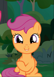Size: 661x938 | Tagged: safe, screencap, character:scootaloo, species:pegasus, species:pony, episode:the big mac question, g4, my little pony: friendship is magic, cropped, cute, cutealoo, female, filly, offscreen character, raised hoof, sitting, smiling, solo