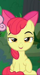 Size: 507x939 | Tagged: safe, screencap, character:apple bloom, species:earth pony, species:pony, episode:the big mac question, g4, my little pony: friendship is magic, bow, cropped, female, filly, hair bow, offscreen character, raised hoof, sitting, smiling, smirk, smug, solo, solo focus