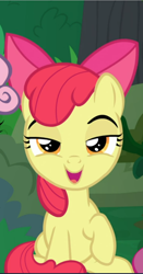Size: 492x941 | Tagged: safe, screencap, character:apple bloom, species:earth pony, species:pony, episode:the big mac question, g4, my little pony: friendship is magic, bow, cropped, female, filly, hair bow, lidded eyes, open mouth, raised hoof, sitting, smiling, smirk, smug, solo