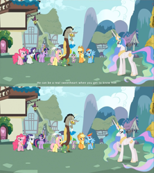 Size: 1080x1215 | Tagged: safe, screencap, character:applejack, character:discord, character:fluttershy, character:pinkie pie, character:princess celestia, character:rainbow dash, character:rarity, character:spike, character:twilight sparkle, species:dragon, species:earth pony, species:pegasus, species:pony, species:unicorn, episode:keep calm and flutter on, g4, my little pony: friendship is magic, butt, female, male, mare, plot