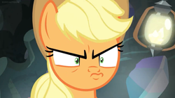 Size: 1366x768 | Tagged: safe, screencap, character:applejack, species:pony, episode:dragon dropped, g4, my little pony: friendship is magic, angry, applejack is not amused, faec, solo, unamused