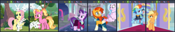 Size: 1839x335 | Tagged: safe, screencap, character:applejack, character:fluttershy, character:luster dawn, character:rainbow dash, character:silverstream, character:starlight glimmer, character:sunburst, character:twilight sparkle, character:twilight sparkle (alicorn), species:alicorn, species:earth pony, species:hippogriff, species:pegasus, species:pony, species:unicorn, derpibooru, episode:the last problem, g4, my little pony: friendship is magic, juxtaposition, meta, older, older applejack, older fluttershy, older rainbow dash, older silverstream, older starlight glimmer, older sunburst
