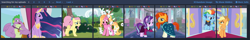 Size: 1871x300 | Tagged: safe, screencap, character:angel bunny, character:applejack, character:fluttershy, character:luster dawn, character:rainbow dash, character:spike, character:starlight glimmer, character:sunburst, character:twilight sparkle, character:twilight sparkle (alicorn), species:alicorn, species:earth pony, species:pegasus, species:pony, species:rabbit, species:unicorn, derpibooru, episode:the last problem, g4, my little pony: friendship is magic, animal, cropped, cute, gigachad spike, glimmerbetes, juxtaposition, juxtaposition win, meme, meta, older, older applejack, older fluttershy, older rainbow dash, older spike, older starlight glimmer, older sunburst, older twilight, princess twilight 2.0, sunburst the bearded