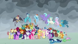 Size: 1920x1080 | Tagged: safe, screencap, character:amethyst star, character:applejack, character:chancellor neighsay, character:firelight, character:flam, character:flim, character:fluttershy, character:gallus, character:grampa gruff, character:lemon hearts, character:lyra heartstrings, character:minuette, character:moondancer, character:night light, character:ocellus, character:party favor, character:pharynx, character:pinkie pie, character:prince pharynx, character:prince rutherford, character:princess ember, character:rainbow dash, character:rarity, character:sandbar, character:seaspray, character:silverstream, character:smolder, character:soarin', character:sparkler, character:spike, character:sunburst, character:tempest shadow, character:terramar, character:thorax, character:trixie, character:twilight sparkle, character:twilight sparkle (alicorn), character:twilight velvet, character:twinkleshine, character:yona, species:alicorn, species:changedling, species:changeling, species:classical hippogriff, species:dragon, species:griffon, species:hippogriff, species:pony, species:reformed changeling, species:yak, episode:the ending of the end, g4, my little pony: friendship is magic, angry, flim flam brothers, hands on mouth, knocked out, looking at each other, looking back, looking down, looking up, magic, mane seven, mane six, raised hoof, shocked, shocked expression, shrunken pupils, spread wings, student six, wings