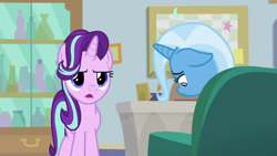 Size: 1280x720 | Tagged: safe, screencap, character:starlight glimmer, character:trixie, species:pony, episode:student counsel, couch, floppy ears, starlight's office