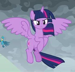 Size: 939x893 | Tagged: safe, screencap, character:gallus, character:twilight sparkle, character:twilight sparkle (alicorn), species:alicorn, species:pony, episode:the ending of the end, g4, my little pony: friendship is magic, cropped, determined, flying, glare, solo focus, spread wings, twilight is not amused, unamused, windswept mane, wings