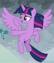 Size: 794x923 | Tagged: safe, screencap, character:gallus, character:twilight sparkle, character:twilight sparkle (alicorn), species:alicorn, species:pony, episode:the ending of the end, g4, my little pony: friendship is magic, cropped, flying, open mouth, pointing, smiling, solo focus, spread wings, windswept mane, wings
