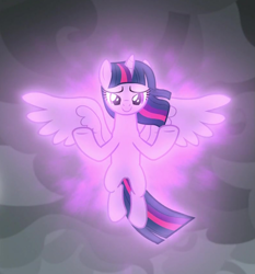 Size: 791x848 | Tagged: safe, screencap, character:twilight sparkle, character:twilight sparkle (alicorn), species:alicorn, species:pony, episode:the ending of the end, g4, my little pony: friendship is magic, cropped, floating, magic, magic aura, magic of friendship, smiling, solo, spread hooves, spread wings, windswept mane, wings