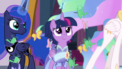 Size: 1920x1080 | Tagged: safe, screencap, character:princess celestia, character:princess luna, character:twilight sparkle, character:twilight sparkle (alicorn), species:alicorn, species:bird, species:pony, episode:the last problem, g4, my little pony: friendship is magic, alternate hairstyle, butterfly, clothing, coronation dress, dress, ethereal mane, eyeshadow, faceless female, female, flowing mane, folded wings, former princess celestia, former princess luna, gasping, glowing horn, hoof shoes, horn, magic, makeup, mare, offscreen character, raised hoof, retirement, royal sisters, smiling, spider, star spider, trio, wings