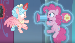 Size: 766x437 | Tagged: safe, screencap, character:cozy glow, character:pinkie pie, species:alicorn, species:earth pony, species:pony, episode:the ending of the end, g4, my little pony: friendship is magic, alicornified, battle for equestria, castle, cozy glow is best facemaker, cozybuse, cozycorn, female, filly, flying, glowing horn, horn, magic, mare, party bazooka, party cannon, race swap, surprise attack, telekinesis