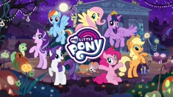 Size: 1920x1080 | Tagged: safe, gameloft, screencap, character:applejack, character:fluttershy, character:pinkie pie, character:rainbow dash, character:rarity, character:starlight glimmer, character:twilight sparkle, character:twilight sparkle (alicorn), species:alicorn, species:bat, species:pony, candle, crown, frankenpony, frankenstein's monster, halloween, holiday, jack-o-lantern, jewelry, my little pony game, nightmare night, pumpkin, regalia, skull, tree