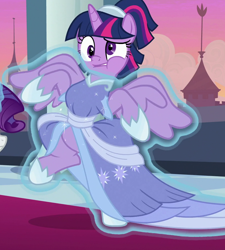 Size: 900x1000 | Tagged: safe, screencap, character:rarity, character:twilight sparkle, character:twilight sparkle (alicorn), species:alicorn, species:pony, episode:the last problem, g4, my little pony: friendship is magic, alternate hairstyle, clothing, coronation dress, cropped, dress, female, hoof shoes, magic, mare, puffy cheeks, raised eyebrow, solo focus