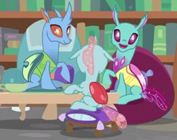 Size: 637x505 | Tagged: safe, screencap, character:ocellus, species:changedling, species:changeling, species:reformed changeling, episode:a horse shoe-in, g4, my little pony: friendship is magic, carapace (character), cropped, father and daughter, female, male, mother and daughter, sitting, smiling, spiracle