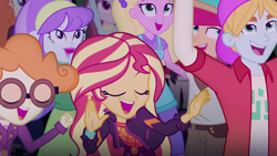 Size: 1920x1080 | Tagged: safe, screencap, character:aqua blossom, character:scribble dee, character:sunset shimmer, character:velvet sky, equestria girls:sunset's backstage pass, g4, my little pony:equestria girls, clothing, crowd, cute, dancing, female, fry lilac, geode of empathy, glasses, golden hazel, happy, hunter hedge, jacket, magical geodes, male, sandy cerise, shimmerbetes, smiling, velvet sky