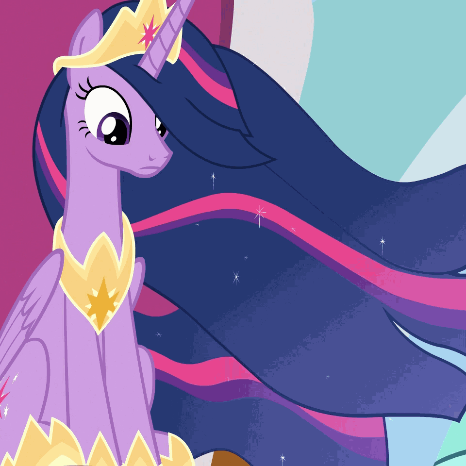 Size: 960x960 | Tagged: safe, screencap, character:twilight sparkle, character:twilight sparkle (alicorn), species:alicorn, species:pony, derpibooru, episode:the last problem, g4, my little pony: friendship is magic, animated, cropped, crown, folded wings, gif, glare, hoof shoes, jewelry, juxtaposition, juxtaposition win, lidded eyes, meme, meta, multi image animation, older, older twilight, princess twilight 2.0, queen, raised eyebrow, regalia, solo, throne, throne room, time skip, twilight is not amused, unamused, wings