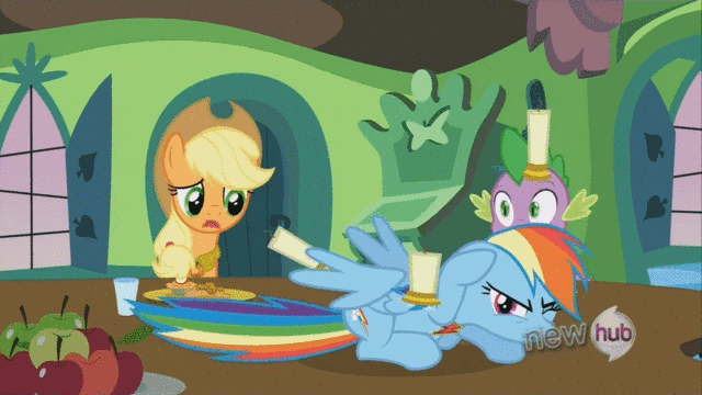 Size: 640x360 | Tagged: safe, screencap, character:applejack, character:rainbow dash, character:spike, species:dragon, species:earth pony, species:pegasus, species:pony, episode:keep calm and flutter on, g4, my little pony: friendship is magic, animated, annoyed, apple, candle, female, food, frown, glare, hitting, hub logo, male, mare, one eye closed, open mouth, prone, spanking, spread wings, table, talking, wings, worried
