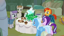 Size: 1920x1080 | Tagged: safe, screencap, character:maud pie, character:mudbriar, character:starlight glimmer, character:sunburst, character:trixie, species:earth pony, species:pony, species:unicorn, episode:student counsel, cake, cupcake, equinox cake, food, punch (drink), punch bowl