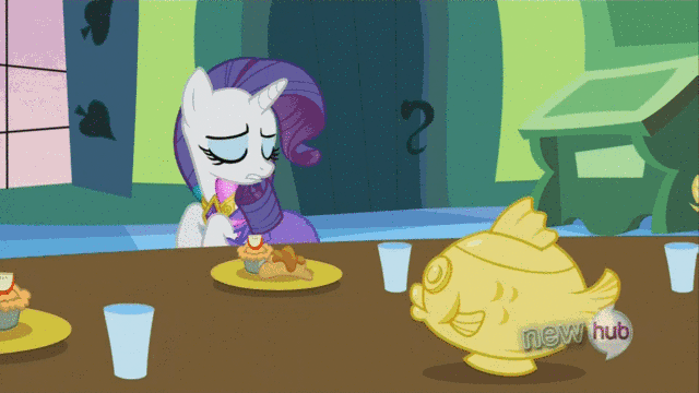 Size: 640x360 | Tagged: safe, screencap, character:applejack, character:rarity, episode:keep calm and flutter on, g4, my little pony: friendship is magic, animated, bust, clothing, dress, hub logo, portrait, soup, tureen