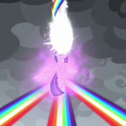 Size: 600x600 | Tagged: safe, screencap, character:twilight sparkle, character:twilight sparkle (alicorn), species:alicorn, species:pony, episode:the ending of the end, g4, my little pony: friendship is magic, cropped, floating, magic, magic aura, magic of friendship, rainbow, rainbow of harmony